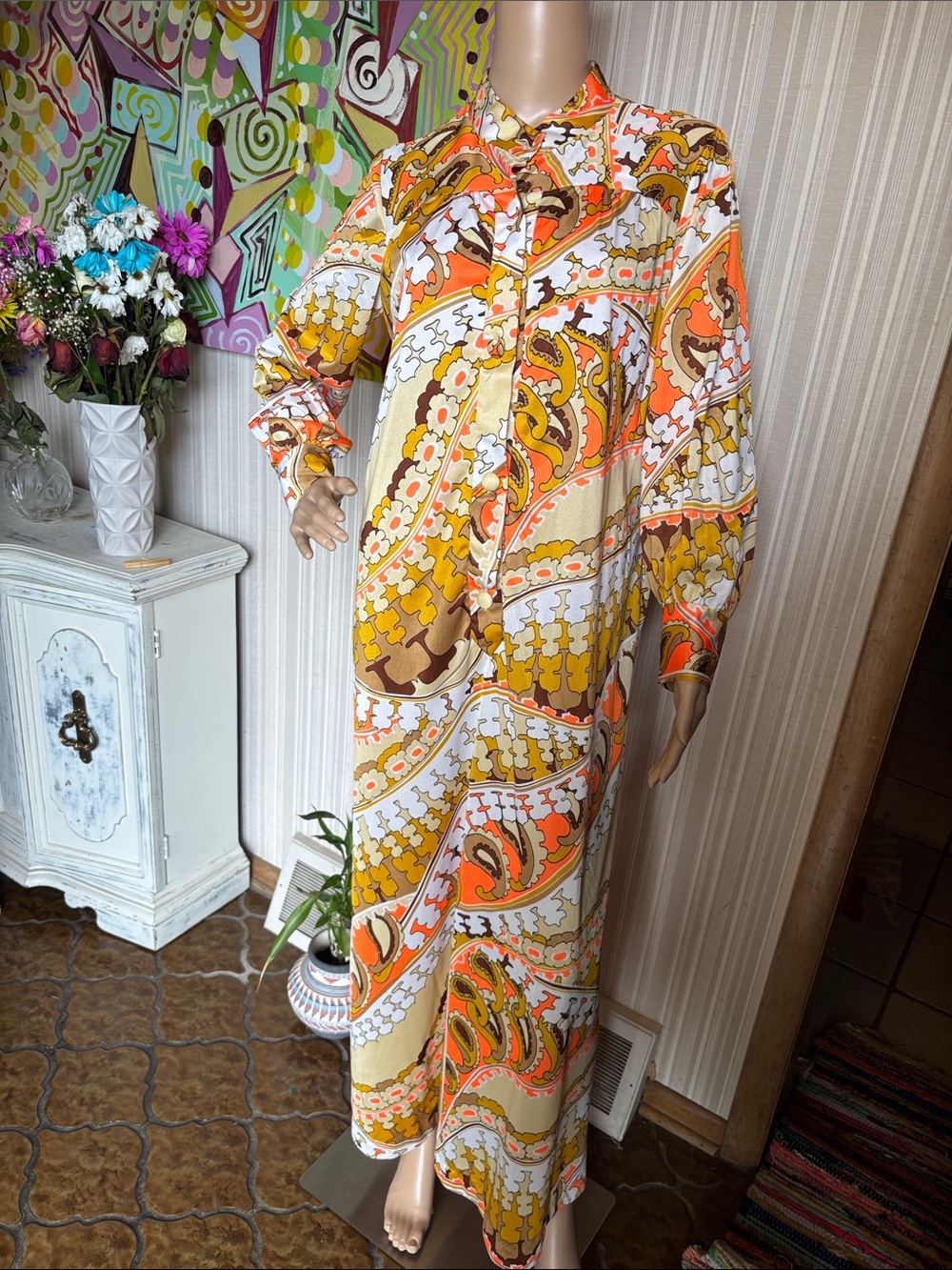 60s 70s mid Retro Paisley Maxi house Dress in Orange and Yellow